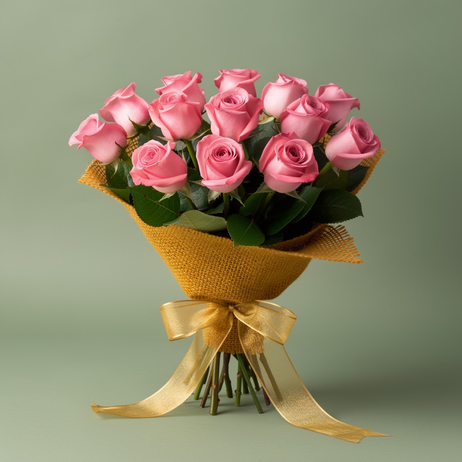 12 Pink Roses Hand-tied Bouquet