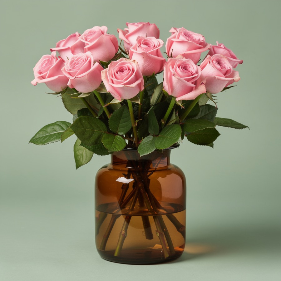 12 Pink Roses in a Vase